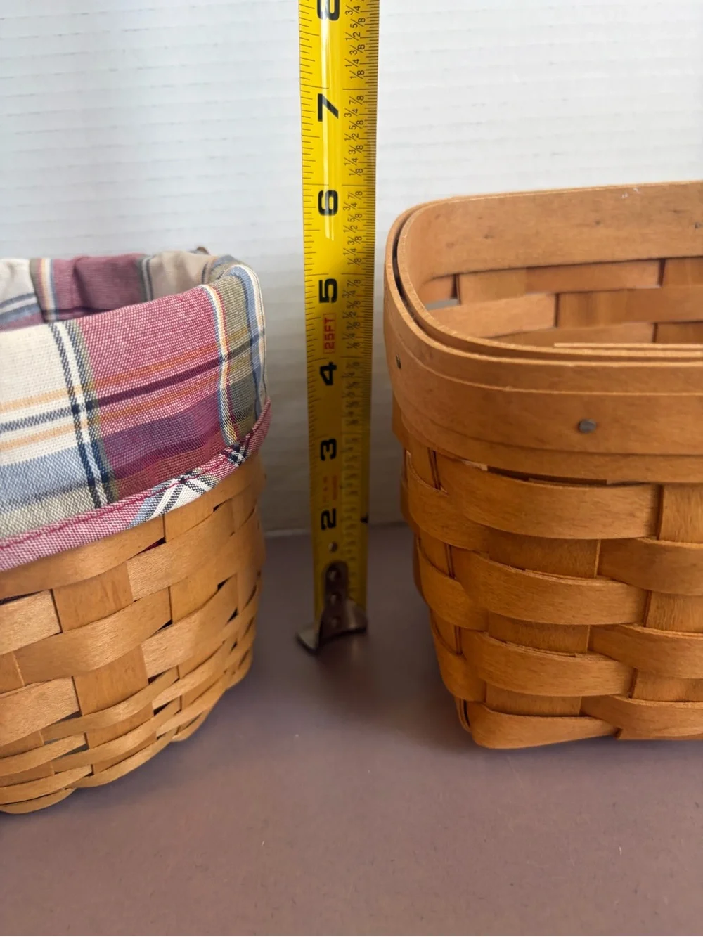 Longaberger Woven Basket Pair with Plaid Liner - Brown & Multicolor